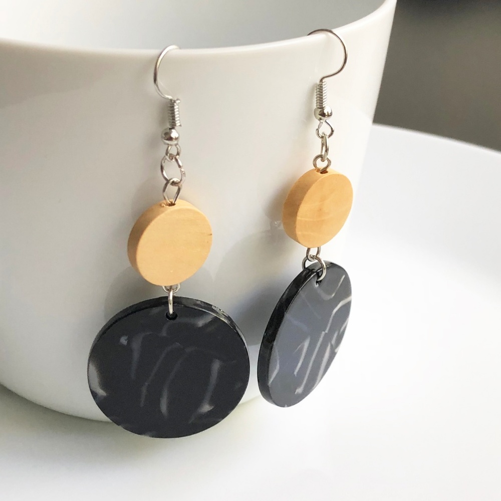 NEW "Terra" Acrylic Wooden Round Earrings (Black) - Picture 5 of 8